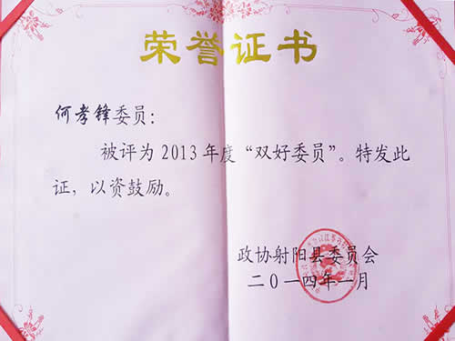 2013年度雙好委員榮譽(yù)證書(shū)