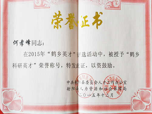 鶴鄉英才榮譽(yù)證書(shū)